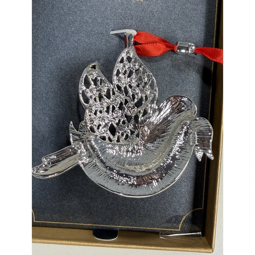 MONET Peace On Earth Dove Christmas Ornament in Box Rhinestone Enamel Silver